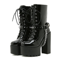 Bottes mi-mollet pour femme à talon épais et plateforme, style punk avec rivets et boucle de ceinture, talon aiguille de 14 cm, pour performance scénique et mode