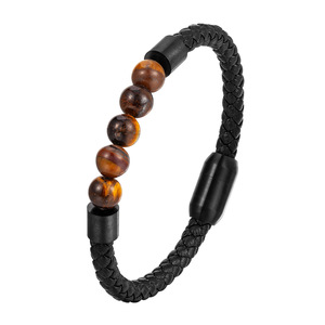 Natural Stone Beaded <b>Leather</b> <b>Bracelet</b> | Handmade Braided Genuine <b>Leather</b> with Magnetic PVD Gold Clasp | Men's Fashion Jewelry - Product Image 1