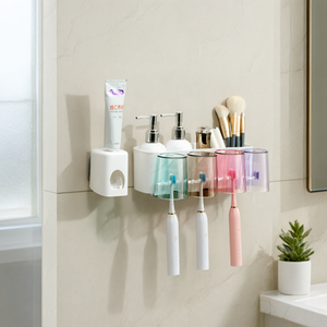 <b>Wall</b> <b>Mounted</b> <b>Toothbrush</b> <b>Holder</b> Cup No Drill Bathroom Organizer Multi Functional Plastic - Product Image 2