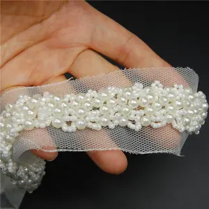 Wholesale High Quality White Beaded Nylon Pearl Embroidery Lace Trim For Women Wedding Dress