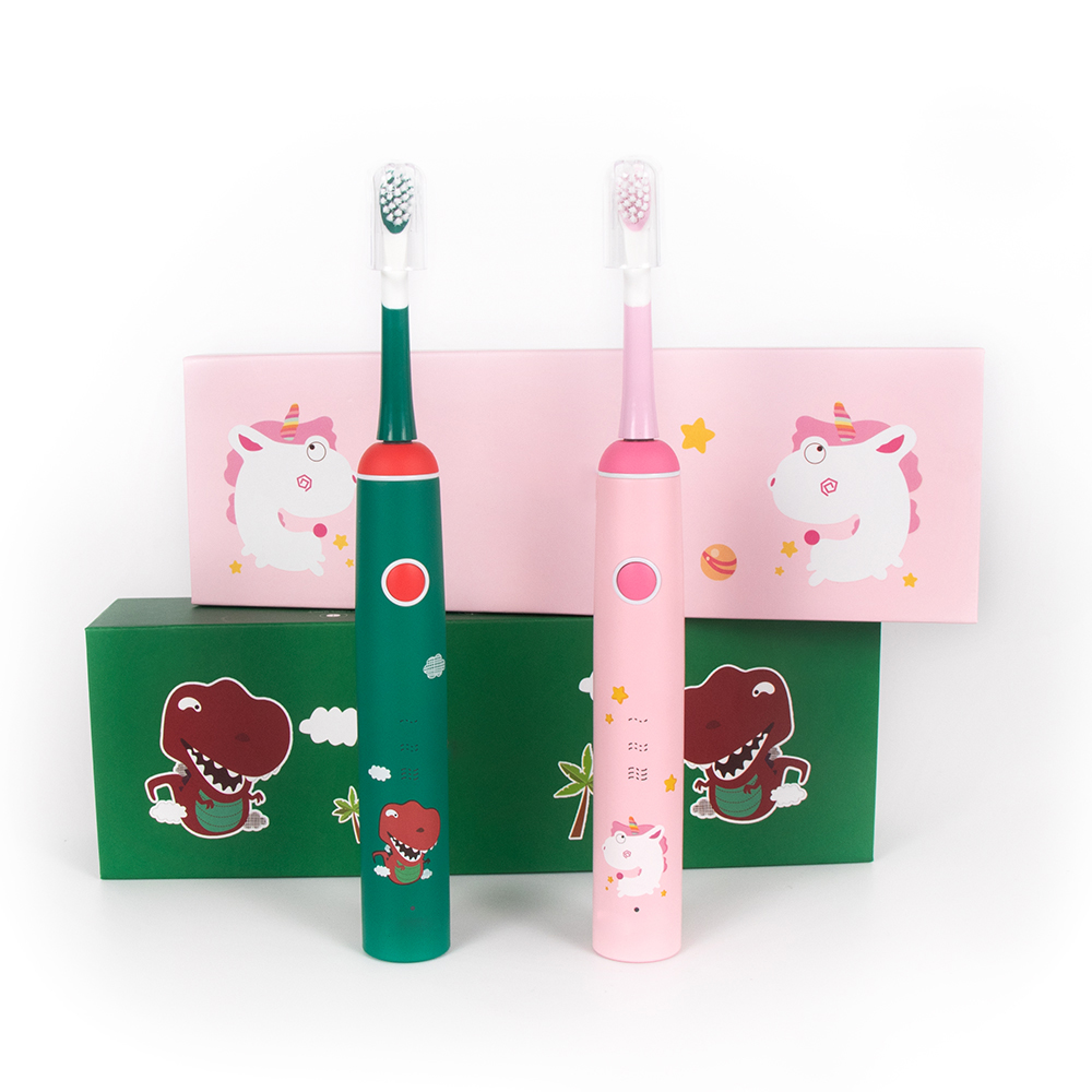 Дешевая Детская электрическая зубная щетка с мультяшным динозавром, звуковая вибрационная зубная щетка с 2 головками
