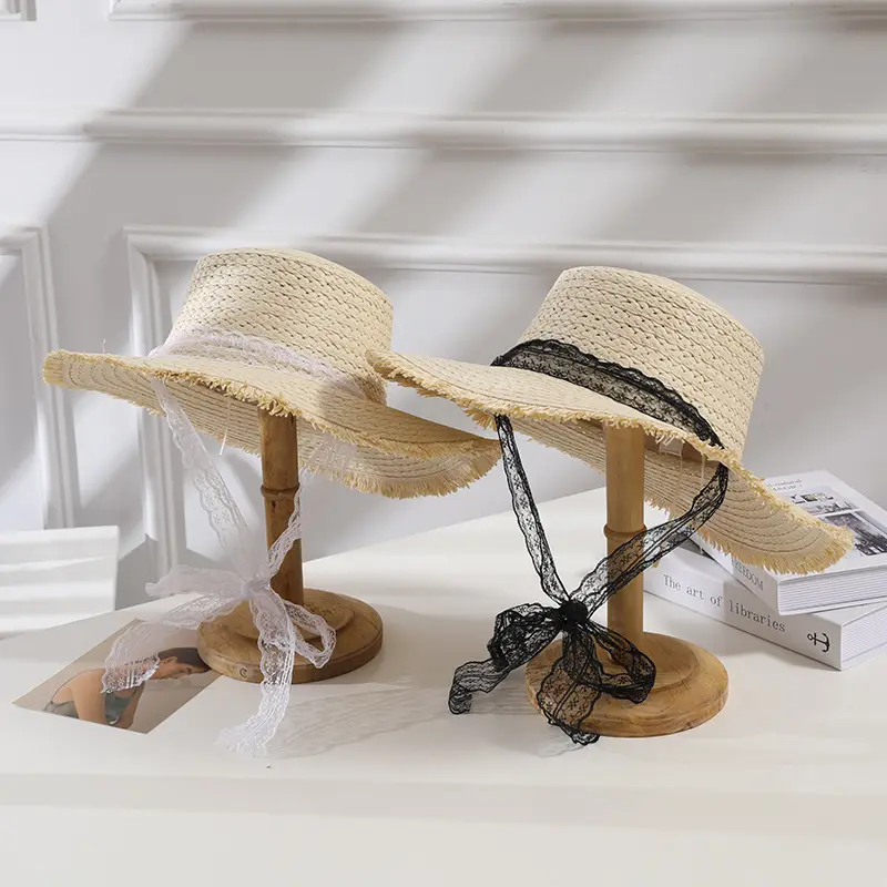 Chapéu de palha trançado com aba larga para meninas chapéu de praia sol verão com cordões para férias e praia chapéu maré atacado