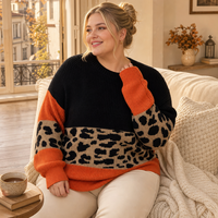 Pull-over en tricot pour femme avec logo personnalisé, manches longues, col rond, imprimé léopard, mode décontractée, hiver, polyester, usine OEM et ODM