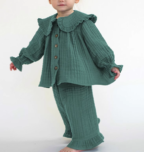 Completi in cotone per bambina primavera autunno, tinta unita, 2 pezzi, con volant, graziosi set di abbigliamento per bambine, pantaloni a zampa con colletto a volant. - Product Image 2