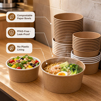 Contenant alimentaire en gros personnalisé avec logo pour ramen, pâtes, nouilles, plats chauds, à emporter, bol en papier kraft épais avec couvercle