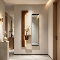 Art mural LED en grès, miroir coulissant caché pleine longueur, étagère à vase, design incurvé Japandi
