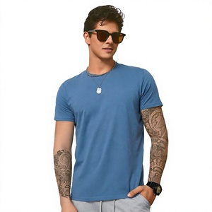 T-shirt décontracté pour homme, bleu, manches courtes, col rond, coupe classique, couleur unie, jersey tricoté en coton - Product Image 1