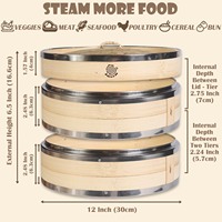 Panier Vapeur Chinois en Bambou Artisanal JUSEN avec Anneau en Acier Inoxydable pour la Cuisson des Dim Sum et Raviolis Soupe
