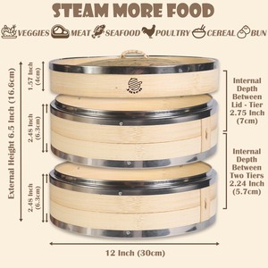 Vaporera China Artesanal de Bambú JUSEN con Anillo de Acero Inoxidable para Cocinar Dim Sum, Sopa y Dumplings - Product Image 3