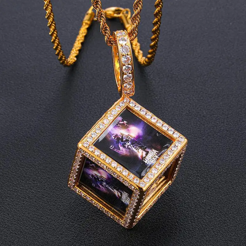 Hip Hop Cubic Zircon Cube Custom Photo Pendant Memory Frame Necklace Jewelry