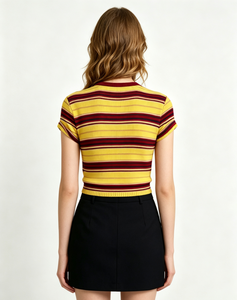Yellow <strong>Red</strong> Striped Knit <strong>Cropped</strong> T-Shirt Women Short Sleeve Slim Fit Embroidered Casual <strong>Top</strong> - Product Image 4