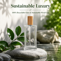 Flacon de parfum rectangulaire en verre de luxe 100 ml, finition mate, logo personnalisé, bouchon en bois avec impression sérigraphique et marquage à chaud
