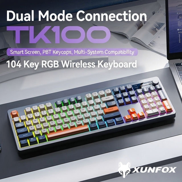Xuanyinhu TK100 Wireless  Dual-mode Mechanical Feel Keyboard PBT Ball Hat with Display Screen Knob Keyboard