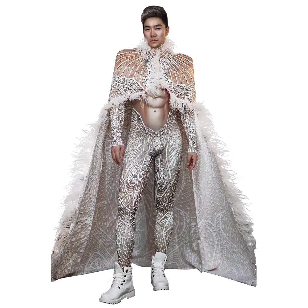 Designer White Pattern Male Jumpsuit With Detachable Long Cape Men Club Party Show Stage Costumes Dance Performance Outfit Sets