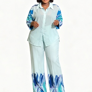 Ensemble chemise à imprimé abstrait et pantalon large pour <span class=keywords><strong>femme</strong></span>, <span class=keywords><strong>tenue</strong></span> décontractée, ensemble 2 pièces, Sehefashion - Product Image 4