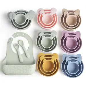 Maysun organico bpa free eco friendly custom bambini in silicone bavaglini ventose ciotole cucchiaio di alimentazione in silicone per bambini set di piastre