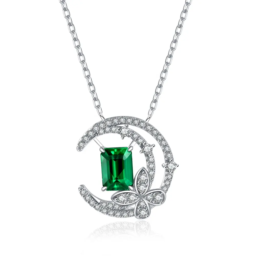 Lab Created High End Emerald Necklace Hot Stone Lab Grown Emerald Cut 925 Sterling Silver Vintage Half Crescent Moon Butterfly