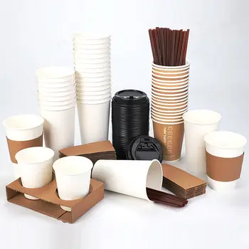 Tazas de papel desechables de una pared, 8oz, 12oz, 16oz, personalizadas, para café caliente, con mangas y tapa, venta al por mayor