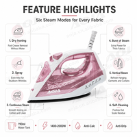 Fer à vapeur haute puissance 2000W avec réservoir d'eau de 200ml, repassage à sec, pulvérisation de vapeur, vapeur verticale, jet de vapeur, fonction autonettoyante