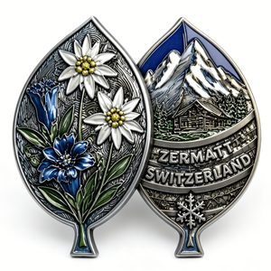 Pin Metálico de Recuerdo de Zermatt, Suiza, Diseño de Montaña con Flores en Relieve de Doble Cara, Plateado, Aleación de Zinc, Esmalte Duro - Product Image 6