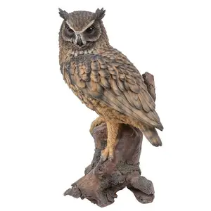 Polyresin/.Resin Realistic Looking Eagle Owl Perched On Stump Statue Gallery Quality Detailed Sculpture Amazing Likeness
