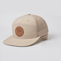 Gorra Trucker Ajustable Unisex Ligera para Playa y Surf, con Parche de Cuero, Bordado de Ondas, Malla Trasera, Color Caqui, 7 Paneles y Visera Plana