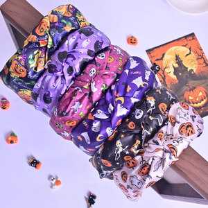Halloween Dark Style Smooth Polyester <b>Satin</b> Knotted Hair Hoop Pumpkin Ghost Skull Print Party Headwear for Women Girls - Product Image 2