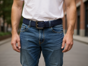 Cinturón de Hombre con Hebilla de Aleación y Tela Tejida, 4.0cm x 125cm, Azul Marino, Cinturones Metálicos - Product Image 2