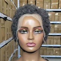 Perruque courte bouclée style pixie, couleur gris #   Perruque Lace Front 13x4 en Cheveux Humains Bouclés Jerry avec Baby Hair Frisés pour Femmes
