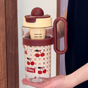 Bouteille d'eau à motif cerise avec paille 500 ml pour étudiants et usage scolaire, tasse isotherme portable pour boissons en extérieur - Product Image 1