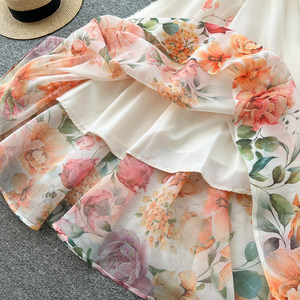 Abito midi floreale da donna: <span class=keywords><strong>vestito</strong></span> lungo in chiffon <span class=keywords><strong>a</strong></span> trapezio con maniche <span class=keywords><strong>a</strong></span> sbuffo e collo <span class=keywords><strong>a</strong></span> revers, con cintura <span class=keywords><strong>a</strong></span> <span class=keywords><strong>fiori</strong></span>, elegante abito da festa primaverile/estivo - Product Image 5