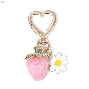 QY <b>Cute</b> Strawberry Daisy Metal Key Chain Acrylic Enamel <b>Keyring</b> Heart Clasp Bag Charm Gift Accessory - Product Image 6