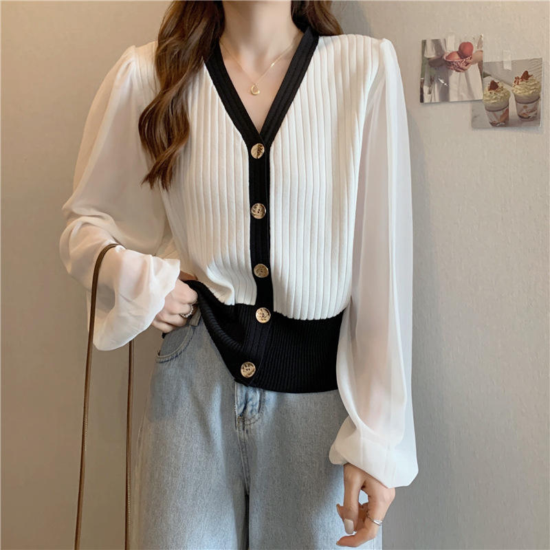 2022 New Women Chiffon Puff Sleeve Knit Shirt V-neck Long Sleeve Korean  Style Elegant Sweet Cardigan Coat Girls Tops Shirt