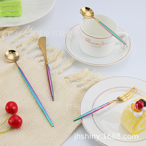 Cubiertos iridiscentes dorados Jinhui Industrial, juego de tenedor y cuchara de acero inoxidable 304 con acabado espejo para postre, fiesta de té - Product Image 1
