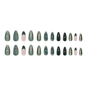 Unghie Finte a Mandorla Verde Smeraldo Effetto Occhio di Gatto con Design 3D a Foglia e Stella, Linee Metalliche, Lucide, Stile Gotico Halloween - Product Image 5