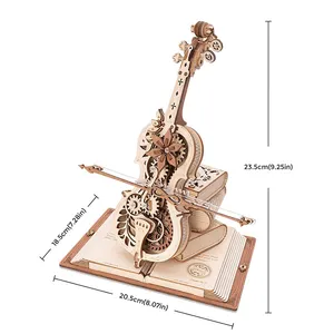 Robotime Rokr mainan rakitan DIY AMK63 kit Model Cello ajaib kotak musik mekanik puzzle kayu 3D untuk dewasa