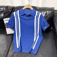 IStapromo hadiah musim panas rajutan es sutra Polo kemeja kasual Slim Fit kasual setengah lengan bergaris kontras lengan pendek untuk pria