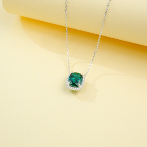 925 Sterling Silver Cushion Cut Lab Created <b>Emerald</b> <b>Pendant</b> Necklace, Halo with Diamond Accents Fine Jewelry for Women - Product Image 3