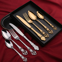 Royal Golden Medieval Vintage En Acier Inoxydable 24Pcs Couverts Ensemble Cuillère Fourchette Ensemble De Mariage Souvenir Pour Invité