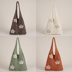 Bolso Tote de <span class=keywords><strong>Ganchillo</strong></span> Hecho a Mano con Logotipo Personalizado, Estilo Boho, Bolso de Hombro de Malla Floral Marrón, Bolso de Compras Tejido Sostenible para Boutique de Verano - Product Image 4