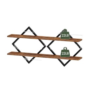 Iron Diamond Shaped <b>Wall</b> <b>Shelf</b> With Wooden <b>Shelves</b> Metal Frame 2 Layer <b>Wall</b> <b>Mounted</b> Storage Rack For Bathroom Living Room - Product Image 2