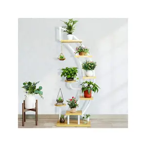 Soporte de plantas de madera en maceta de acero, 6 niveles, 9 niveles, con suspensión, estante de soporte curvo para maceta de flores para interior y exterior