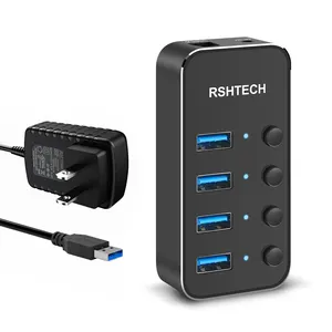 Rshtech Powered USB Hub phổ 5V/2A AC Power cá nhân On/Off Thiết bị chuyển mạch 5Gbps tốc độ cao 4 cổng USB 3.0 HUB cho PC máy tính xách tay