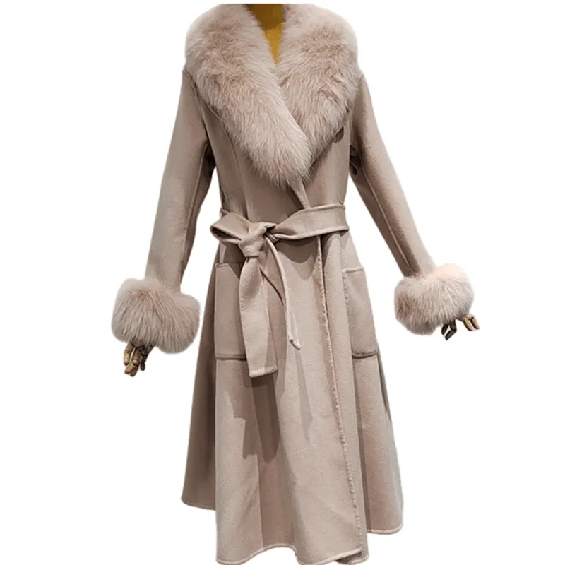 Winter Fashion Ladies Long Style 100% Wool Coat with Real Fox Fur Collar and Fur Cuff Coat