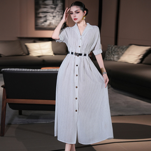 FMY65062 Robe chemise rayée blanche <span class=keywords><strong>et</strong></span> jupe midi trapèze style été minimaliste français avec charme de taille ajustable pour <span class=keywords><strong>femme</strong></span> - Product Image 2