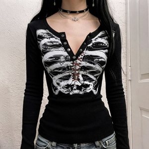 T-shirt gothique pour femme, col en V, manches longues, boutons sur le devant, motif squelette et tibias, tricot côtelé, pour Halloween et l'automne - Product Image 6