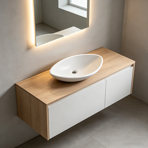 Lavabo de salle de bain ovale moderne personnalisé en acrylique blanc, finition mate lisse, facile à nettoyer, lavabo à poser en surface solide avec drain - Product Image 5
