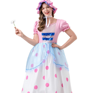 Disfraz de Pastora para Mujer al por Mayor, Vestido Maxi Rosa Pastel con Puntos Azules, Manga Abullonada, Gorro, Disfraz de Princesa para Juego de Rol - Product Image 1