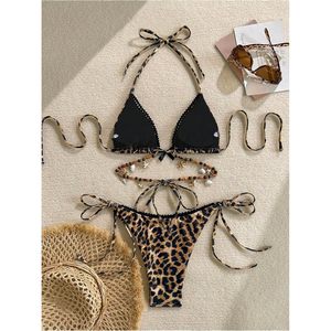 Women's Leopard <b>Bikini</b> <b>Set</b> Halter Triangle <b>String</b> Cheeky Swimwear With Beading And Seashell Decorations - Product Image 3