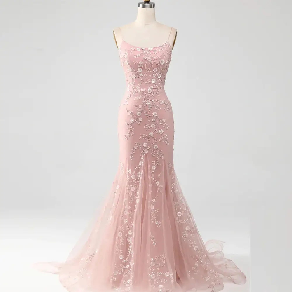 Haute qualité rose paillettes sirène robes de soirée pour les femmes longueur au sol à lacets dos ouvert robes de soirée formelles 2024